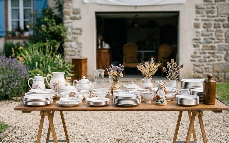 Une table à tréteaux couverte de vaisselle ancienne, devant une maison de pierre un jour de vide-maison